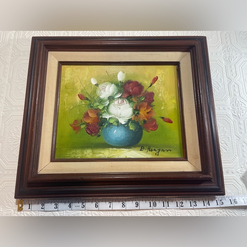 VINTAGE SIGNED B. REAGAN OIL ON CANVAS ROSES FLOWERS PAINTING 8"X10" FRAMED - Picture 12 of 13